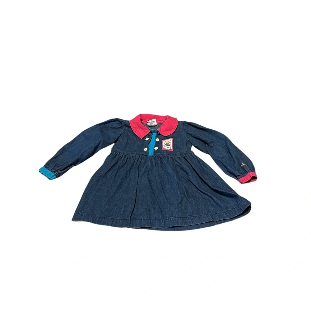 vintage oshkosh Long Sleeve Denim Dress Pink Collar 24‎ Months